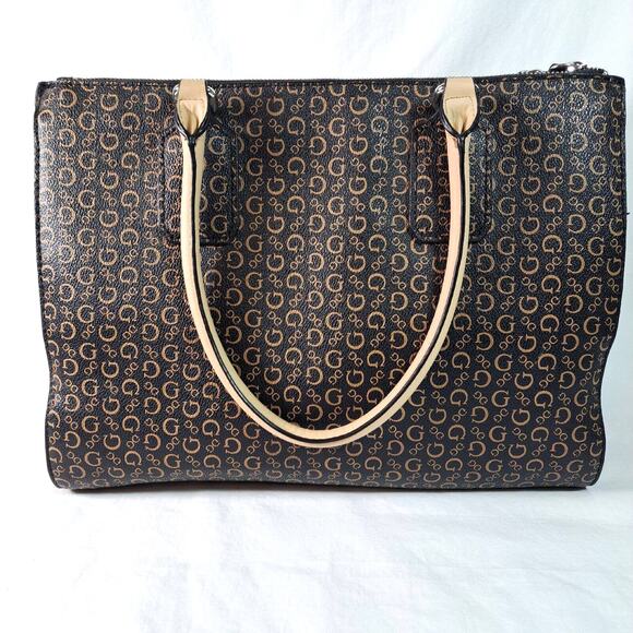 Guess Logo Satchel Handbag Tote Large Multiple Compartments Coasted Canvas Black - Picture 2 of 16